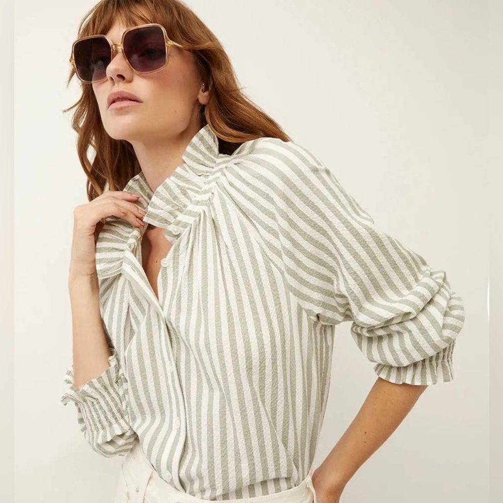 Veronica Beard Green and White Striped Ruffle Collar Blouse
